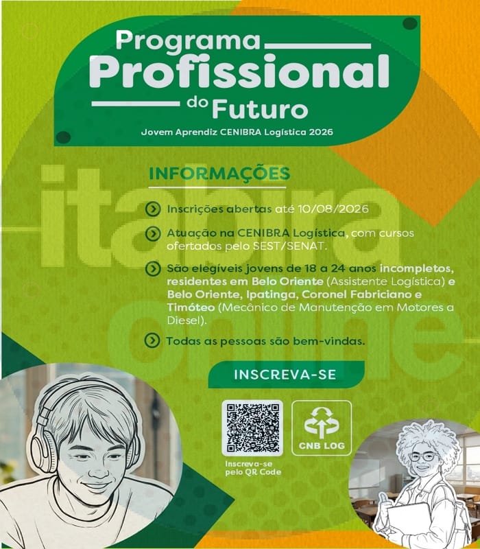 Arte verde e amarela do Programa Profissional do Futuro, Jovem Aprendiz CENIBRA Logística 2026, com prazo, cursos, cidades elegíveis e QR Code de inscrição