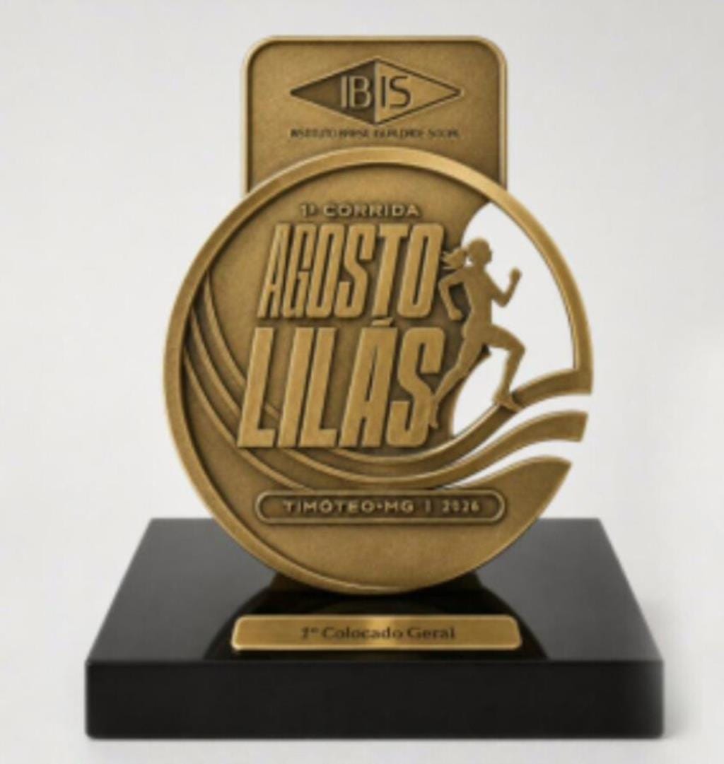 Medalha de participação da primeira Corrida Agosto Lilás de Timóteo, com o nome do evento e o ano de 2026