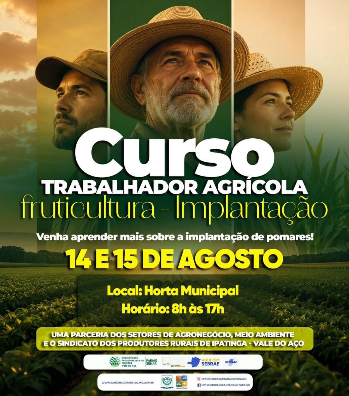 Arte de divulgação do curso Trabalhador Agrícola — Fruticultura: Implantação, com datas de 14 e 15 de agosto, local e horário
