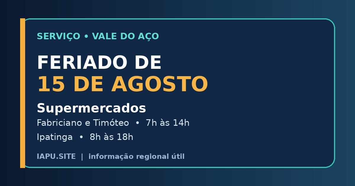 Arte editorial com os horários dos supermercados no feriado de 15 de agosto no Vale do Aço